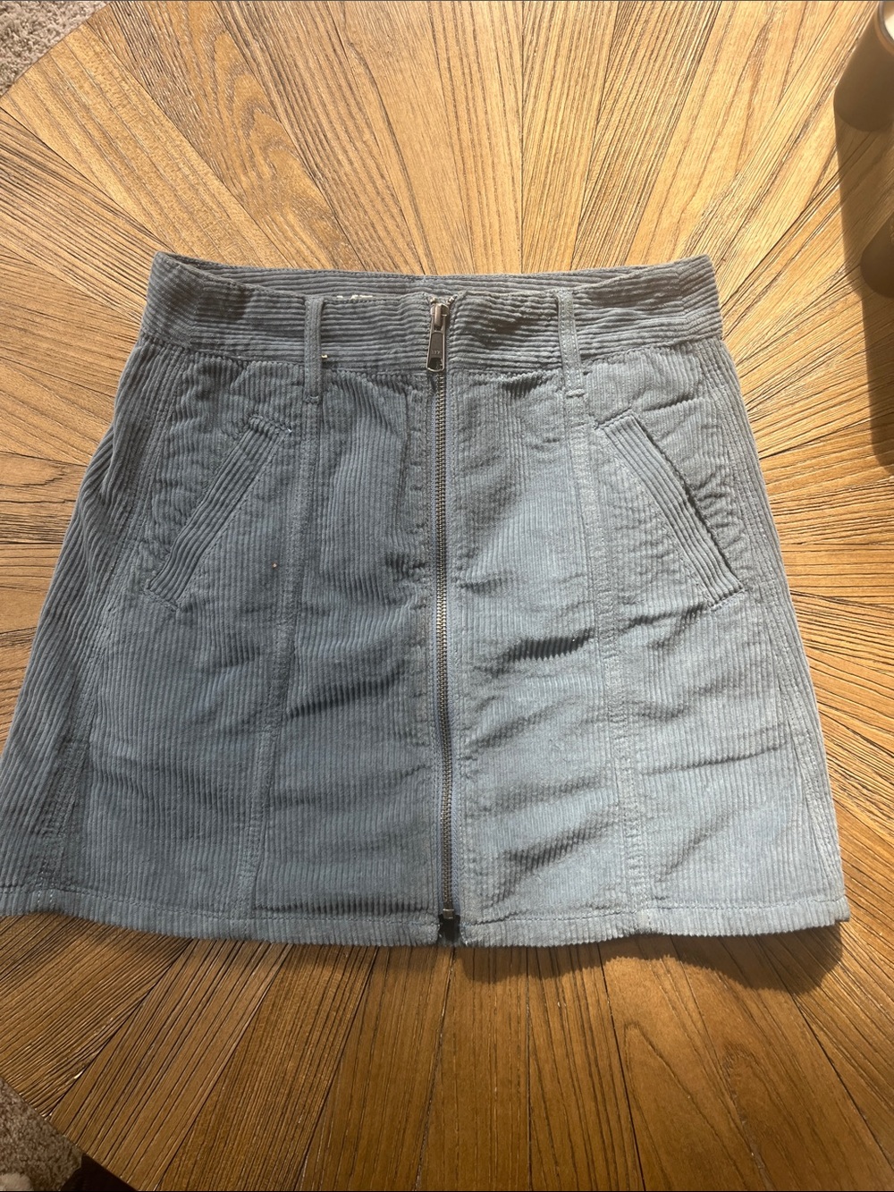 Corduroy Front-Zip Mini Skirt in Slate Blue